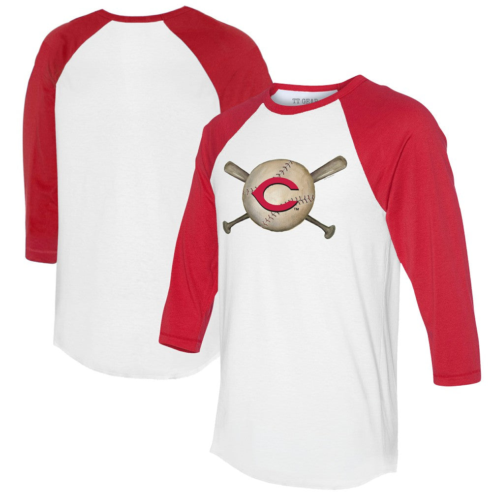 Cincinnati Reds Tiny Turnip Women's Baseball Cross Bats 3/4-Sleeve Raglan T-Shirt - White/Red T-shirts