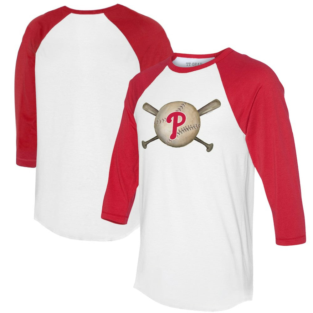 Philadelphia Phillies Tiny Turnip Women's Baseball Cross Bats 3/4-Sleeve Raglan T-Shirt - White/Red T-shirts