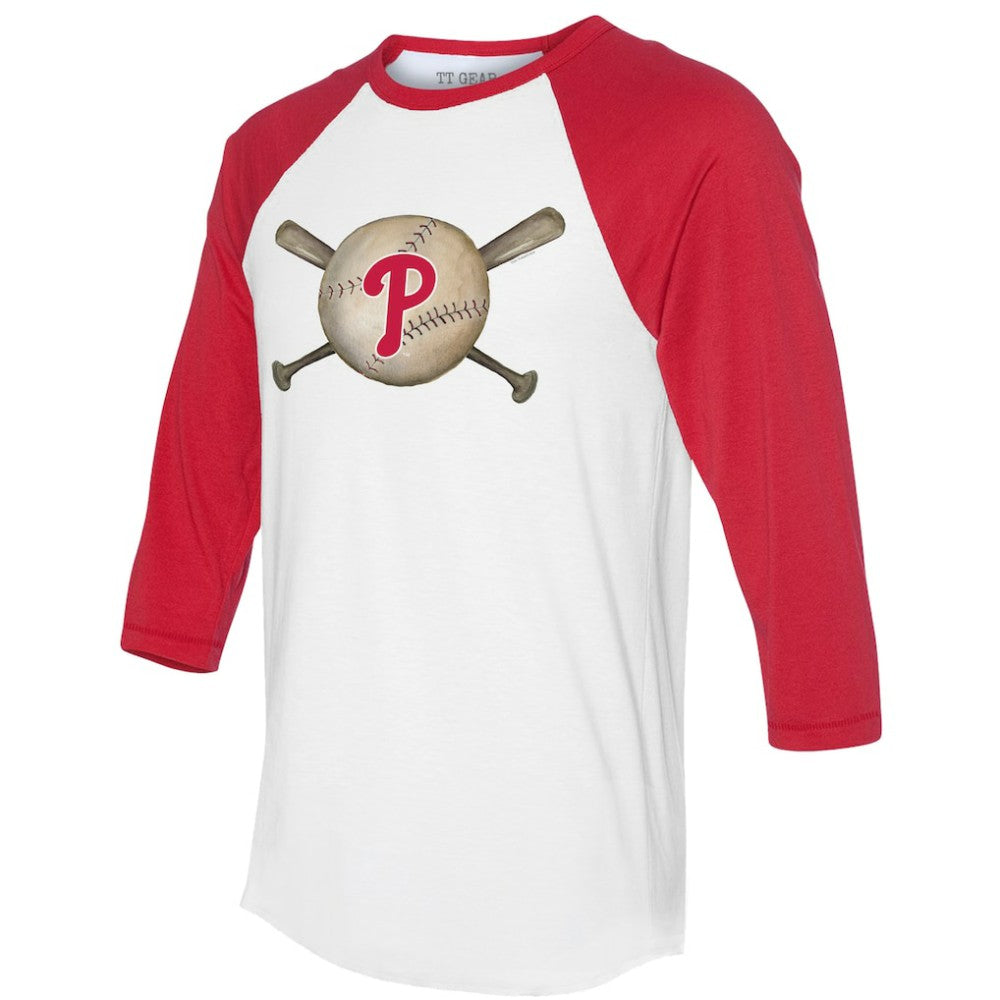 Philadelphia Phillies Tiny Turnip Women's Baseball Cross Bats 3/4-Sleeve Raglan T-Shirt - White/Red T-shirts