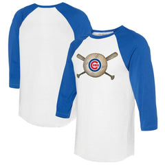 Chicago Cubs Tiny Turnip Women's Baseball Cross Bats 3/4-Sleeve Raglan T-Shirt - White/Royal T-shirts