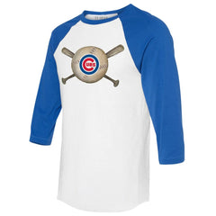 Chicago Cubs Tiny Turnip Women's Baseball Cross Bats 3/4-Sleeve Raglan T-Shirt - White/Royal T-shirts