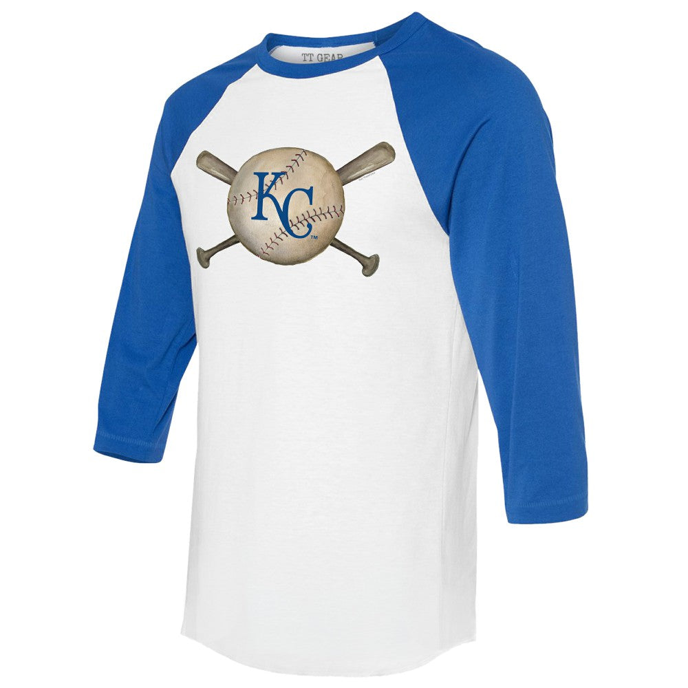 Kansas City Royals Tiny Turnip Women's Baseball Cross Bats 3/4-Sleeve Raglan T-Shirt - White/Royal T-shirts
