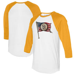 San Diego Padres Tiny Turnip Women's Baseball Flag 3/4-Sleeve Raglan T-Shirt - White/Gold T-shirts