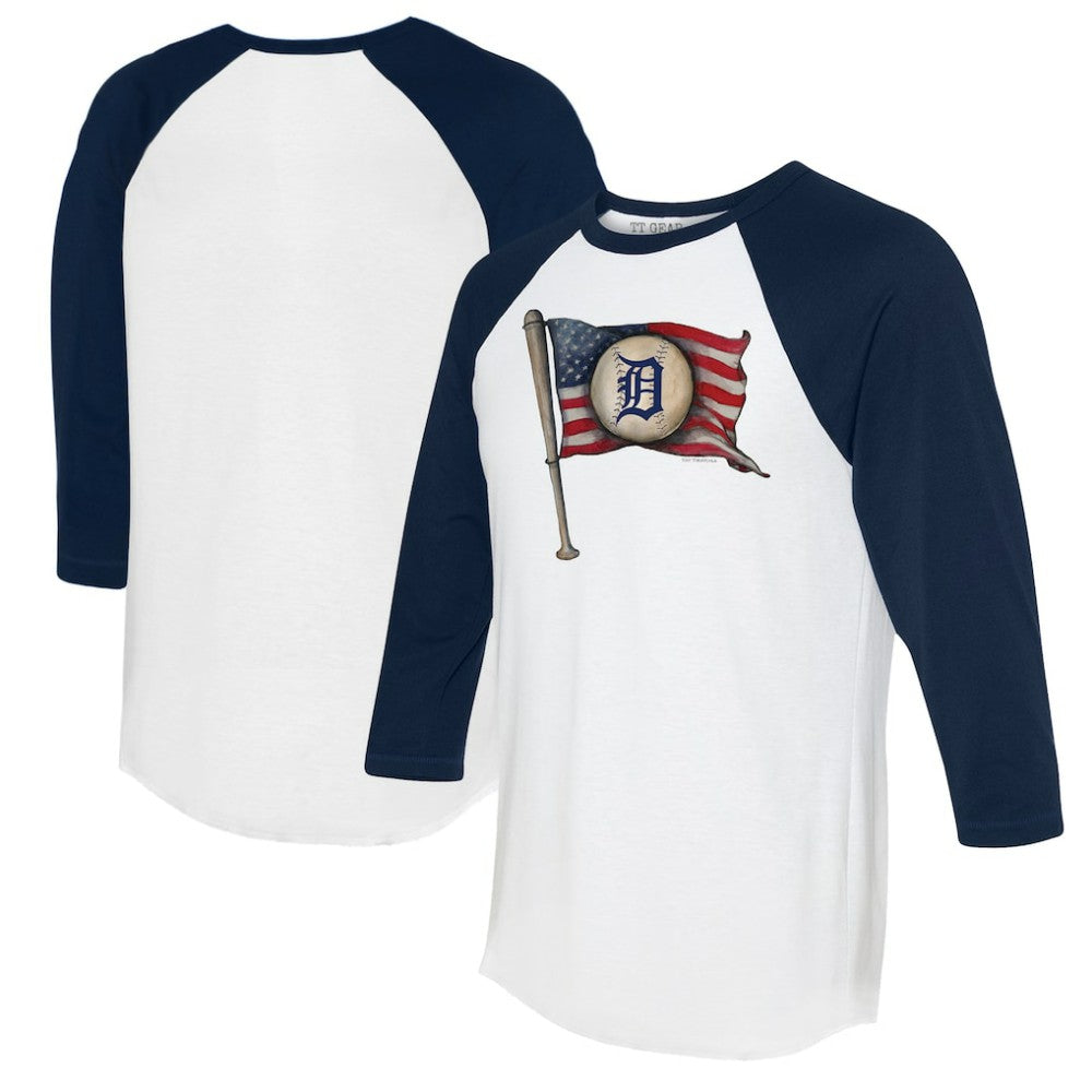 Detroit Tigers Tiny Turnip Women's Baseball Flag 3/4-Sleeve Raglan T-Shirt - White/Navy T-shirts