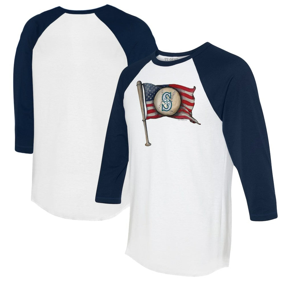 Seattle Mariners Tiny Turnip Women's Baseball Flag 3/4-Sleeve Raglan T-Shirt - White/Navy T-shirts