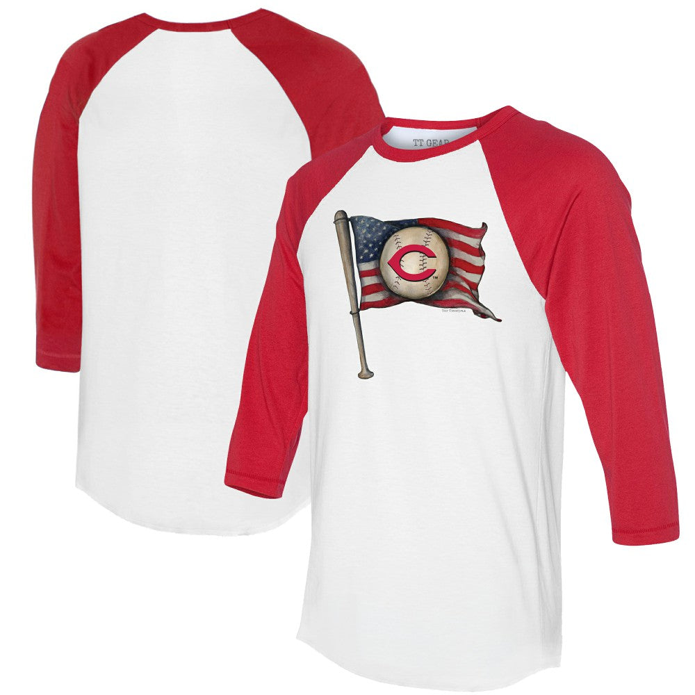 Cincinnati Reds Tiny Turnip Women's Baseball Flag 3/4-Sleeve Raglan T-Shirt - White/Red T-shirts