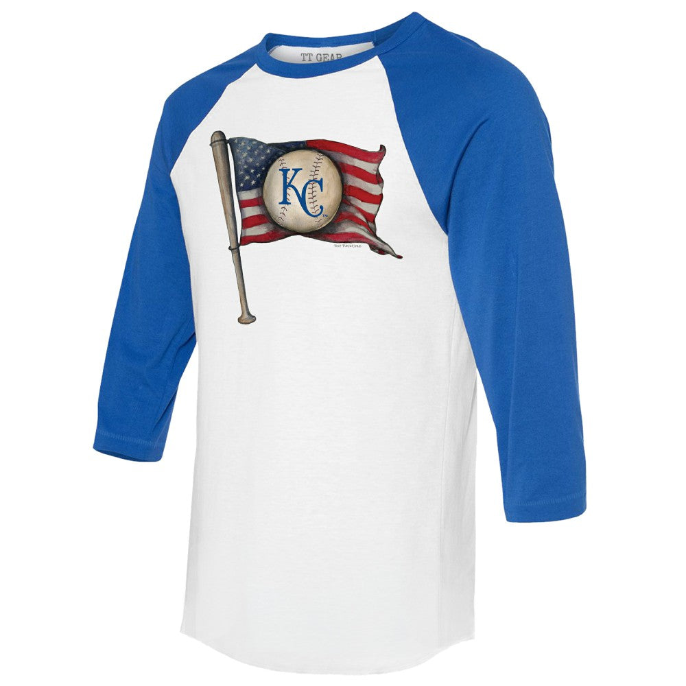 Kansas City Royals Tiny Turnip Women's Baseball Flag 3/4-Sleeve Raglan T-Shirt - White/Royal T-shirts