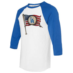 Los Angeles Dodgers Tiny Turnip Women's Baseball Flag 3/4-Sleeve Raglan T-Shirt - White/Royal T-shirts