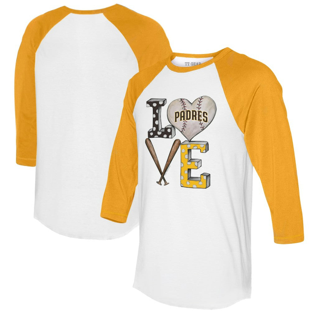 San Diego Padres Tiny Turnip Women's Baseball Love Raglan 3/4-Sleeve T-Shirt - White/Gold T-shirts