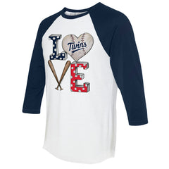 Minnesota Twins Tiny Turnip Women's Baseball Love Raglan 3/4-Sleeve T-Shirt - White/Navy T-shirts
