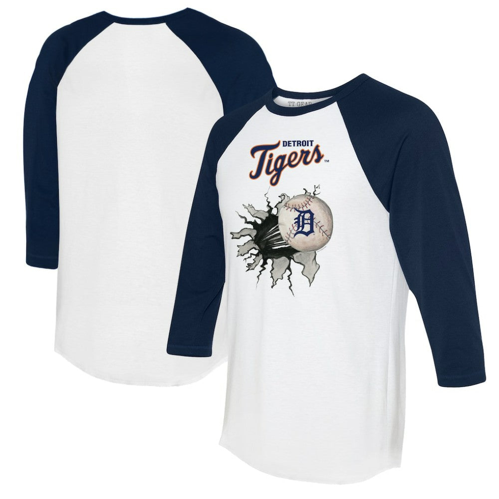 Detroit Tigers Tiny Turnip Women's Baseball Tear 3/4-Sleeve Raglan T-Shirt - White/Navy T-shirts