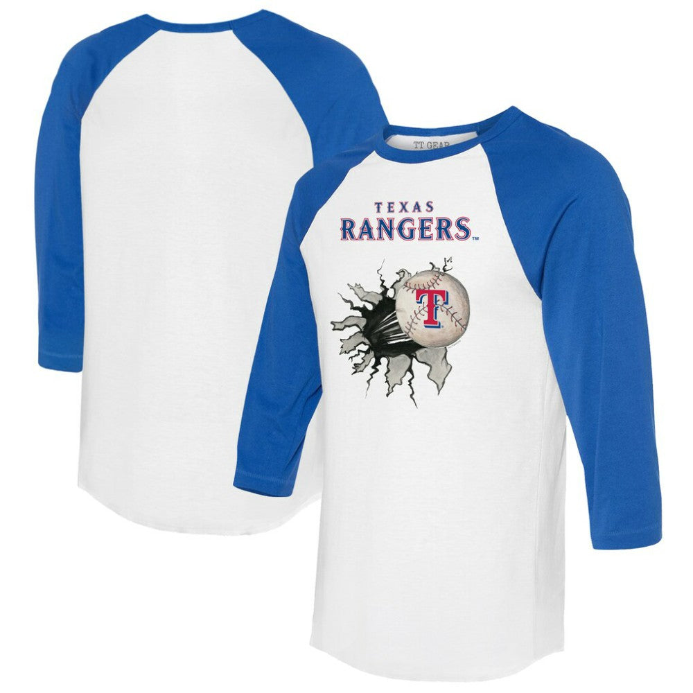 Texas Rangers Tiny Turnip Women's Baseball Tear 3/4-Sleeve Raglan T-Shirt - White/Royal T-shirts
