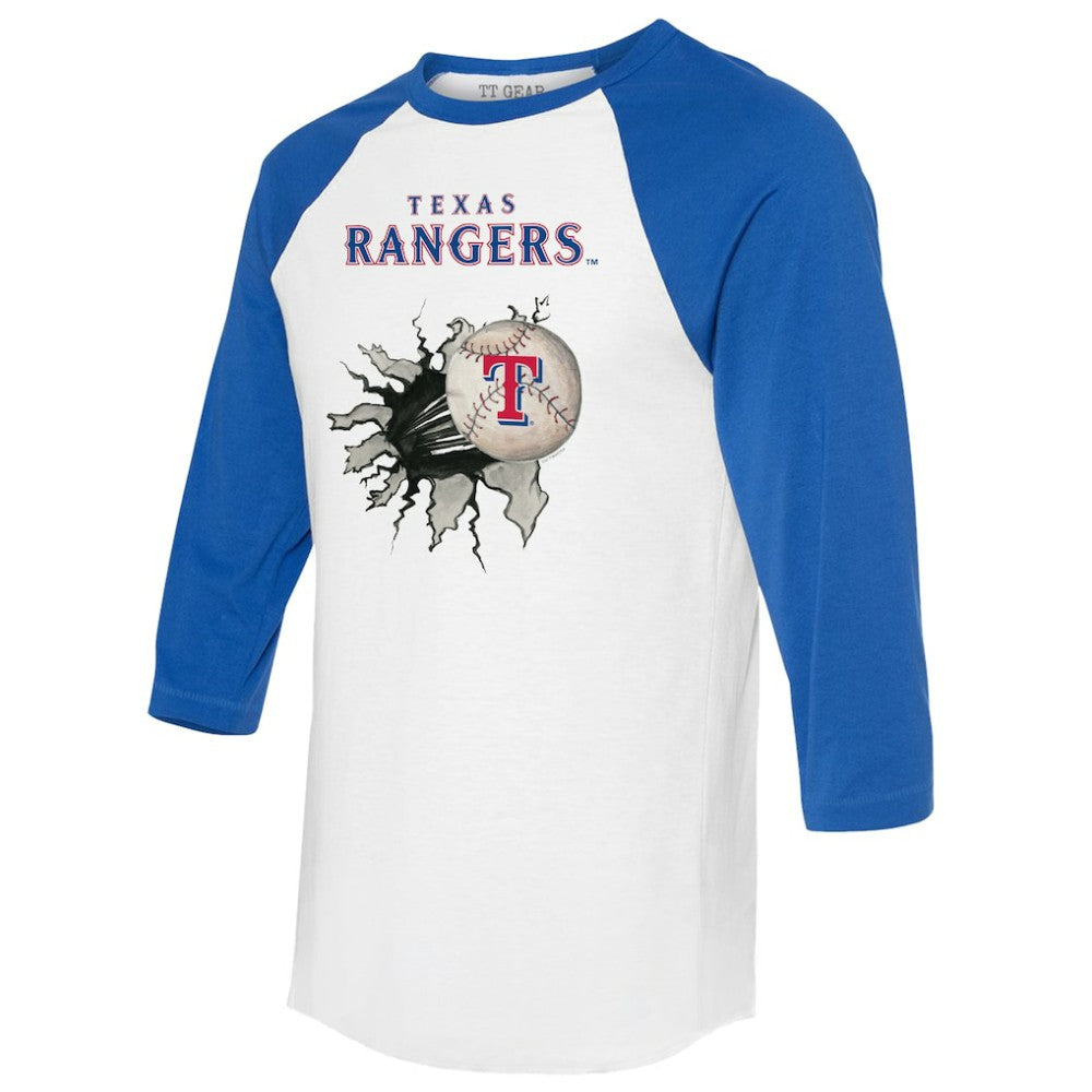 Texas Rangers Tiny Turnip Women's Baseball Tear 3/4-Sleeve Raglan T-Shirt - White/Royal T-shirts