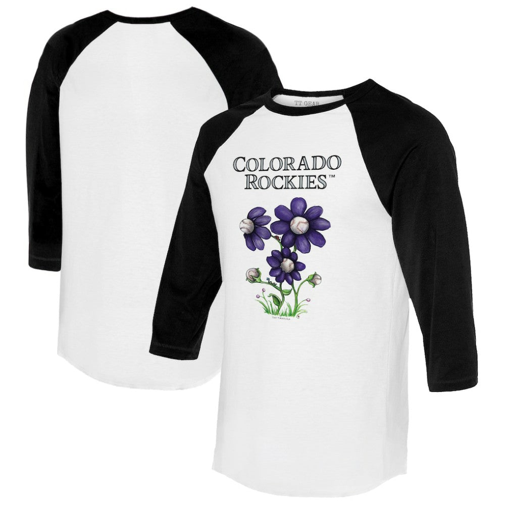 Colorado Rockies Tiny Turnip Women's Blooming Baseballs 3/4-Sleeve Raglan T-Shirt - White/Black T-shirts