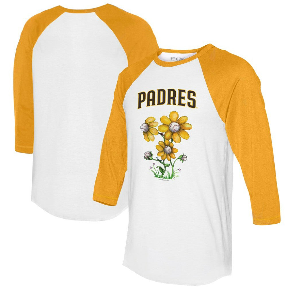 San Diego Padres Tiny Turnip Women's Blooming Baseballs 3/4-Sleeve Raglan T-Shirt - White/Gold T-shirts