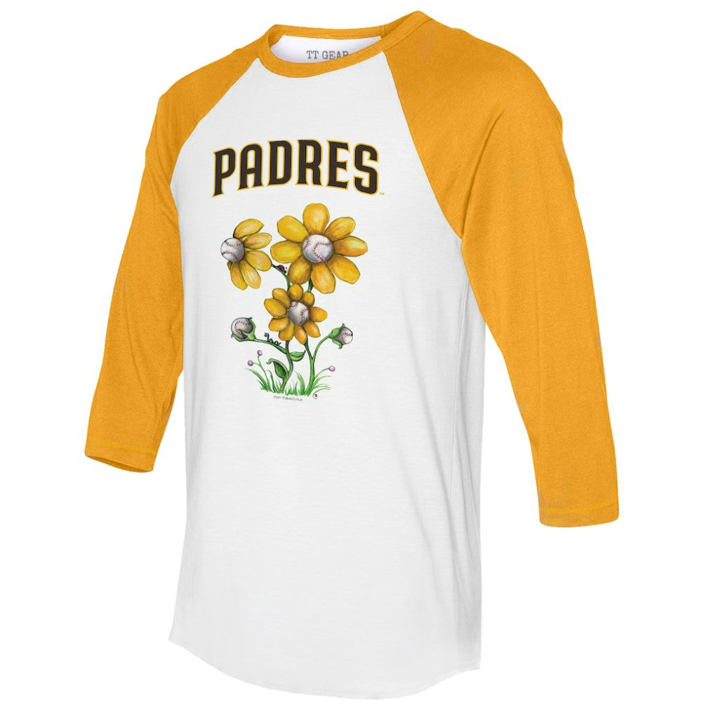 San Diego Padres Tiny Turnip Women's Blooming Baseballs 3/4-Sleeve Raglan T-Shirt - White/Gold T-shirts