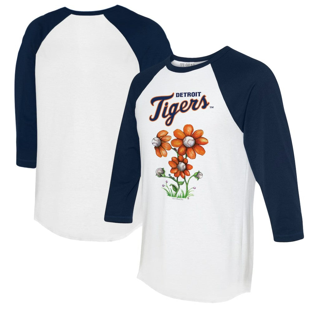 Detroit Tigers Tiny Turnip Women's Blooming Baseballs 3/4-Sleeve Raglan T-Shirt - White/Navy T-shirts