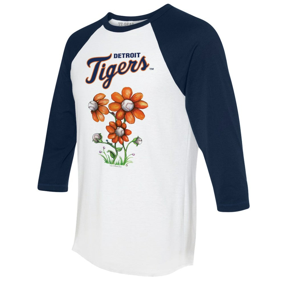 Detroit Tigers Tiny Turnip Women's Blooming Baseballs 3/4-Sleeve Raglan T-Shirt - White/Navy T-shirts