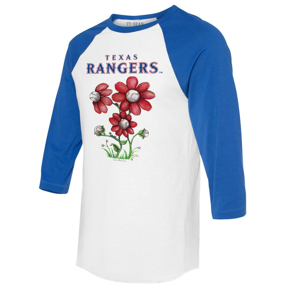 Texas Rangers Tiny Turnip Women's Blooming Baseballs 3/4-Sleeve Raglan T-Shirt - White/Royal T-shirts