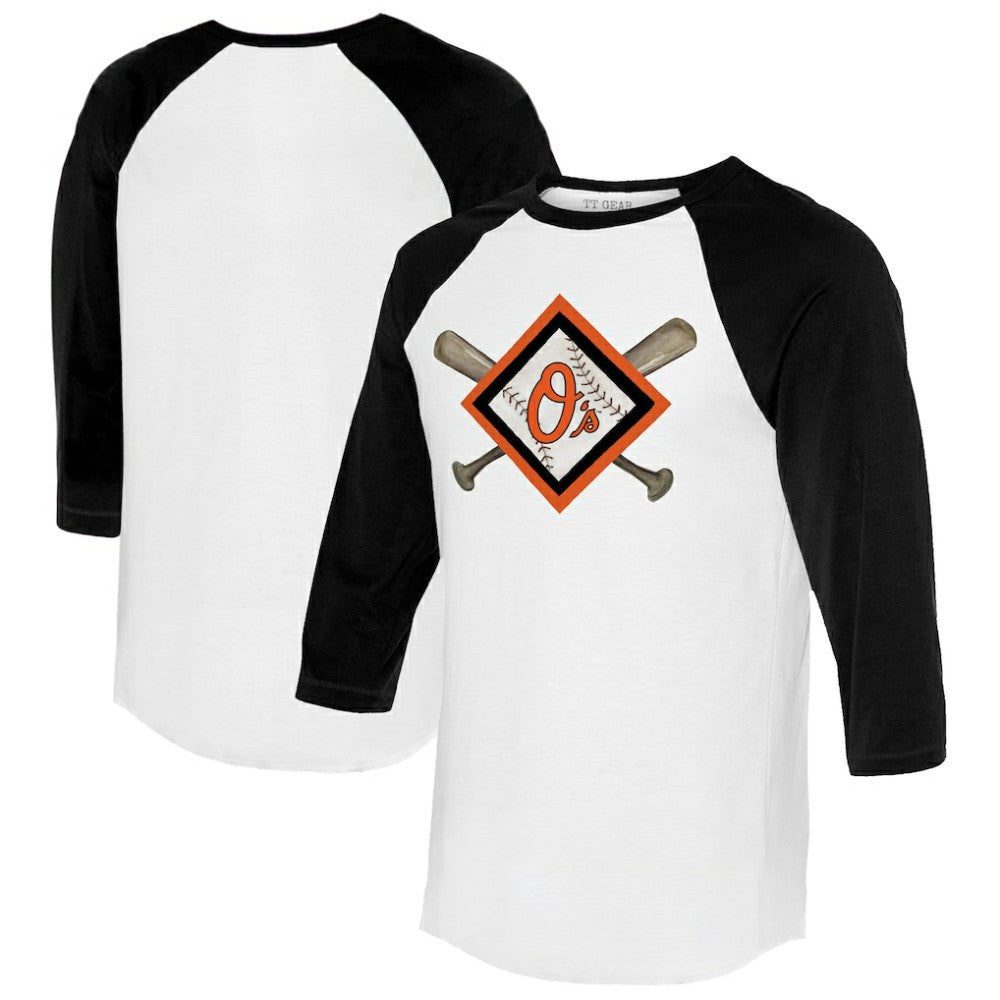 Baltimore Orioles Tiny Turnip Women's Diamond Cross Bats 3/4-Sleeve Raglan T-Shirt - White/Black T-shirts