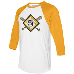 San Diego Padres Tiny Turnip Women's Diamond Cross Bats 3/4-Sleeve Raglan T-Shirt - White/Gold T-shirts