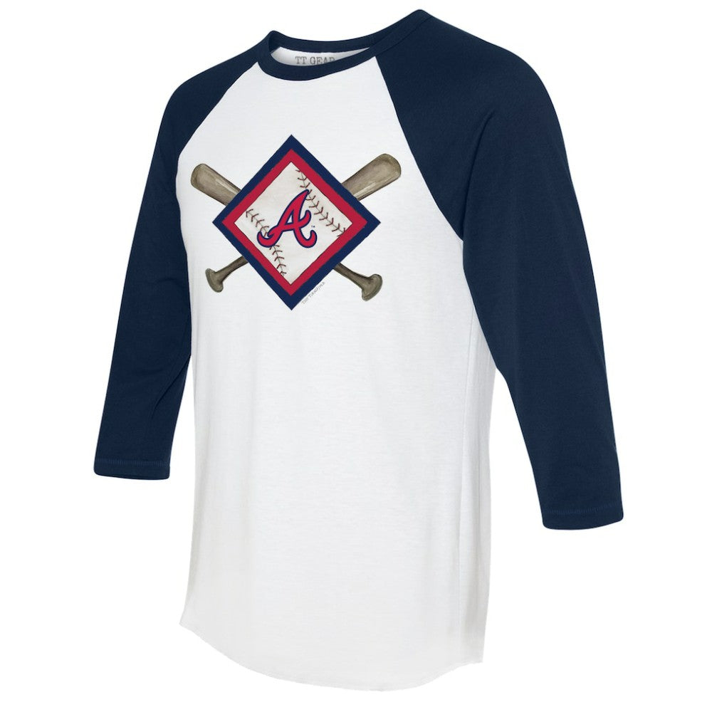 Atlanta Braves Tiny Turnip Women's Diamond Cross Bats 3/4-Sleeve Raglan T-Shirt - White/Navy T-shirts