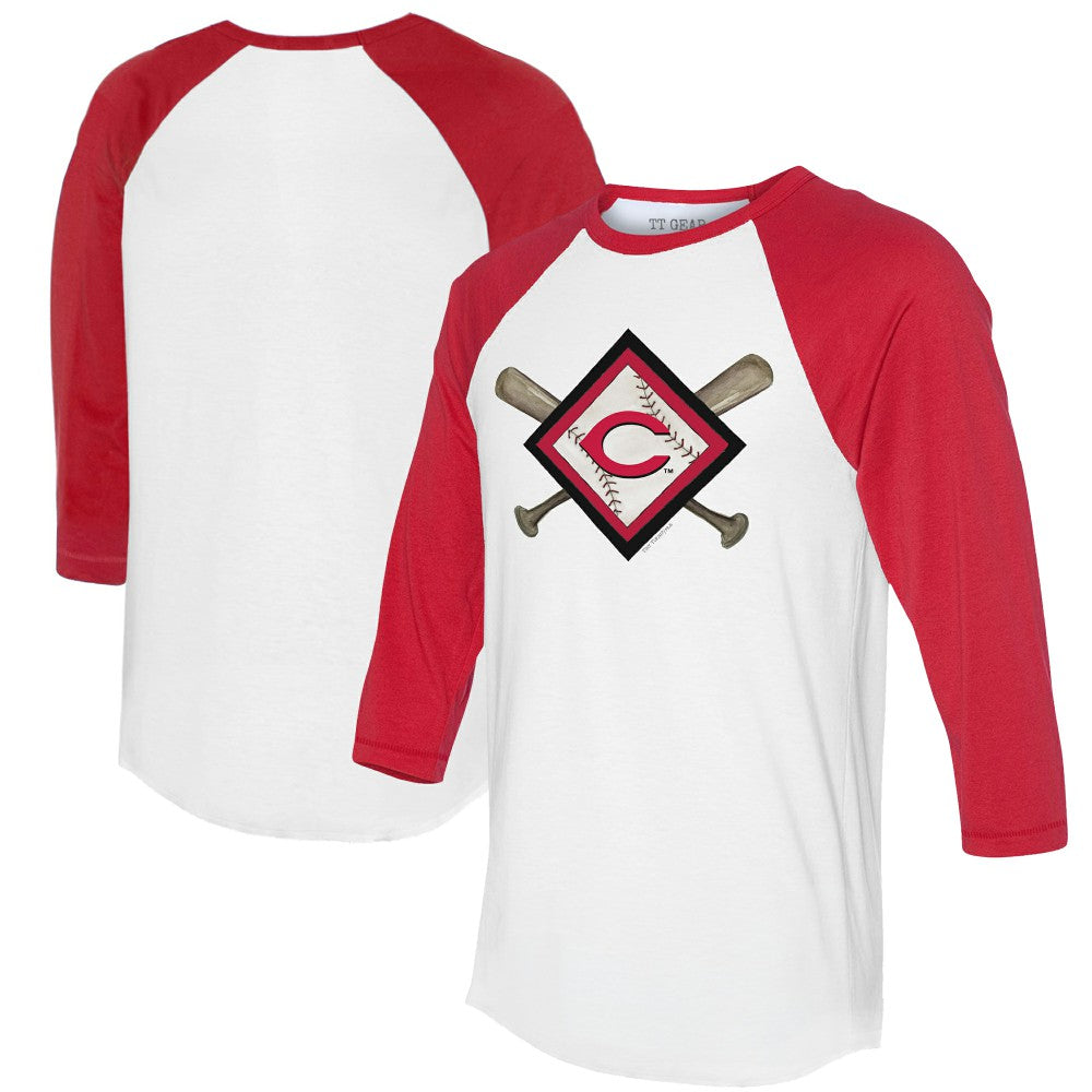 Cincinnati Reds Tiny Turnip Women's Diamond Cross Bats 3/4-Sleeve Raglan T-Shirt - White/Red T-shirts