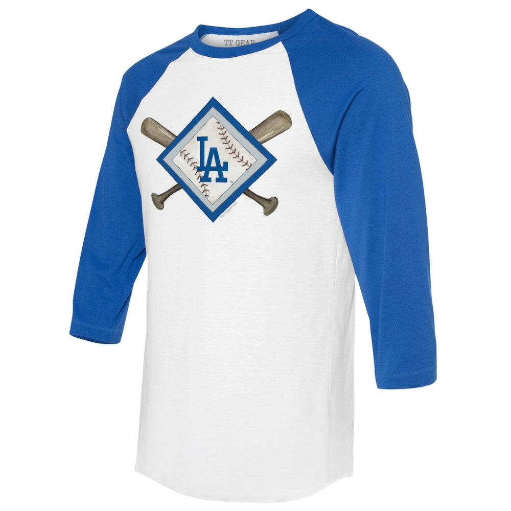 Los Angeles Dodgers Tiny Turnip Women's Diamond Cross Bats 3/4-Sleeve Raglan T-Shirt - White/Royal T-shirts