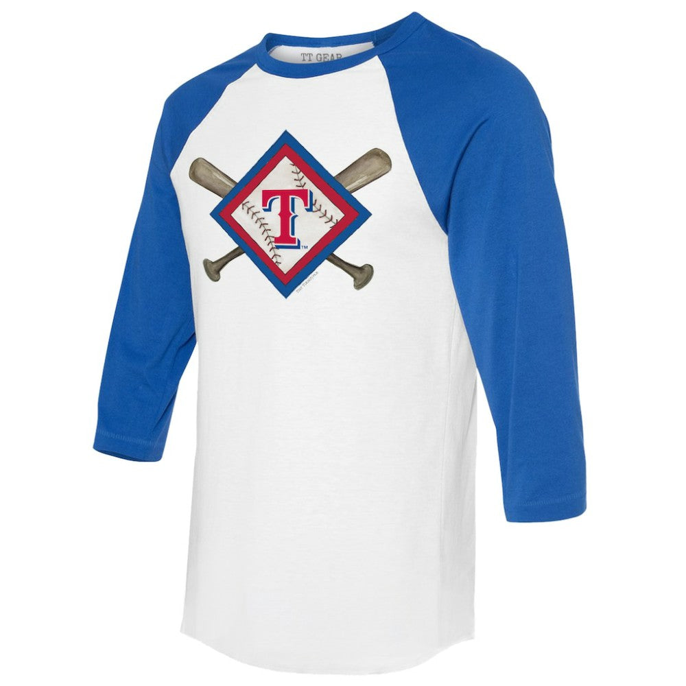 Texas Rangers Tiny Turnip Women's Diamond Cross Bats 3/4-Sleeve Raglan T-Shirt - White/Royal T-shirts