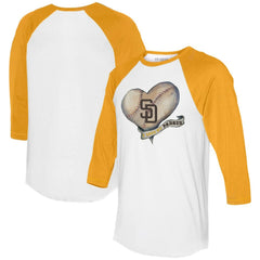 San Diego Padres Tiny Turnip Women's Heart Banner 3/4-Sleeve Raglan T-Shirt - White/Gold T-shirts