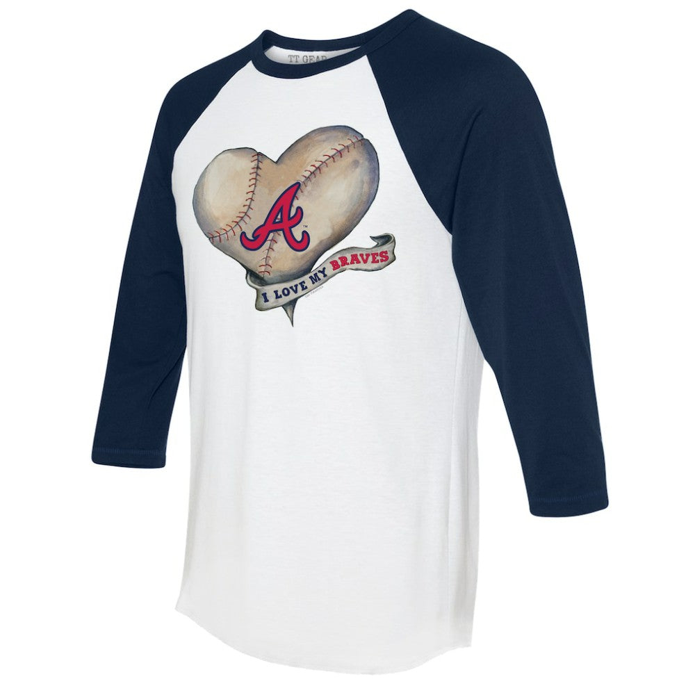 Atlanta Braves Tiny Turnip Women's Heart Banner 3/4-Sleeve Raglan T-Shirt - White/Navy T-shirts