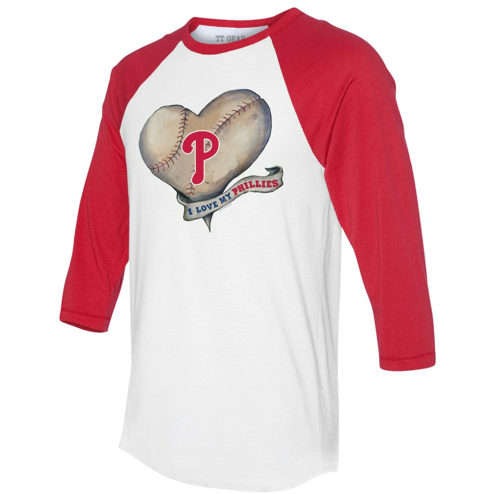 Philadelphia Phillies Tiny Turnip Women's Heart Banner 3/4-Sleeve Raglan T-Shirt - White/Red T-shirts