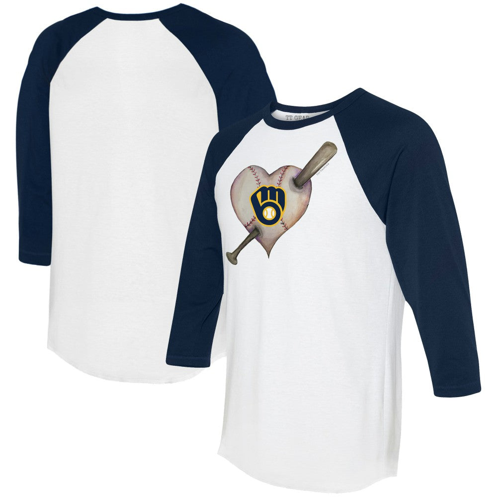 Milwaukee Brewers Tiny Turnip Women's Heart Bat 3/4-Sleeve Raglan T-Shirt - White/Navy T-shirts
