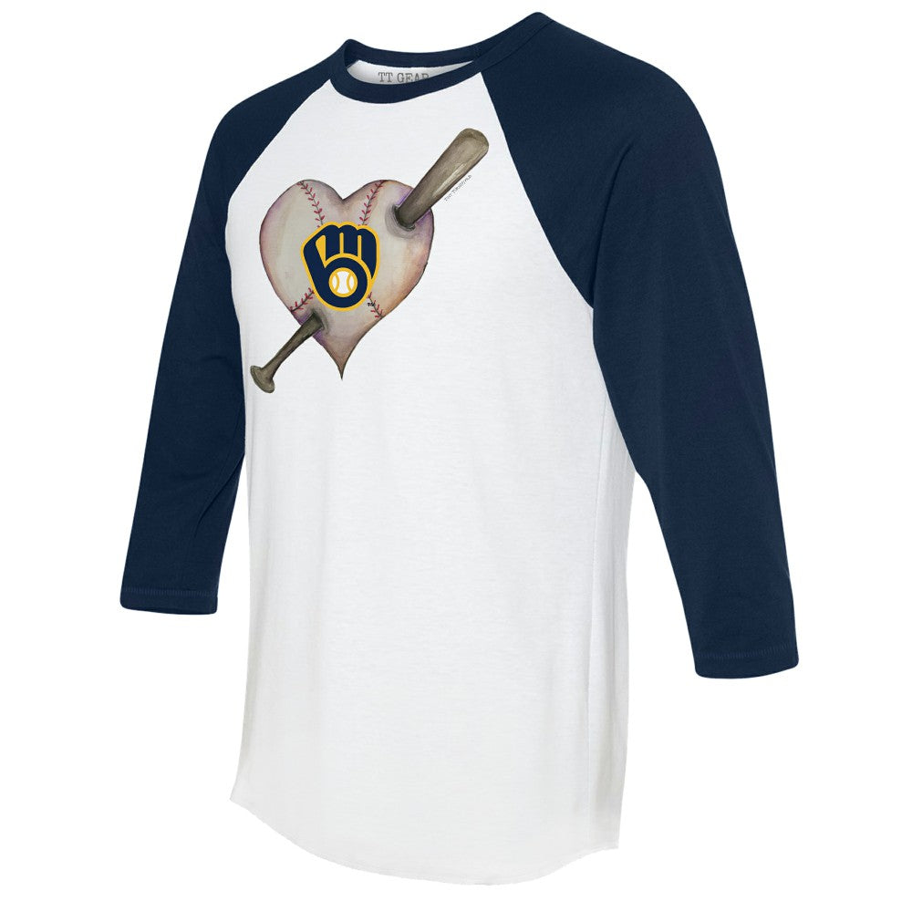 Milwaukee Brewers Tiny Turnip Women's Heart Bat 3/4-Sleeve Raglan T-Shirt - White/Navy T-shirts