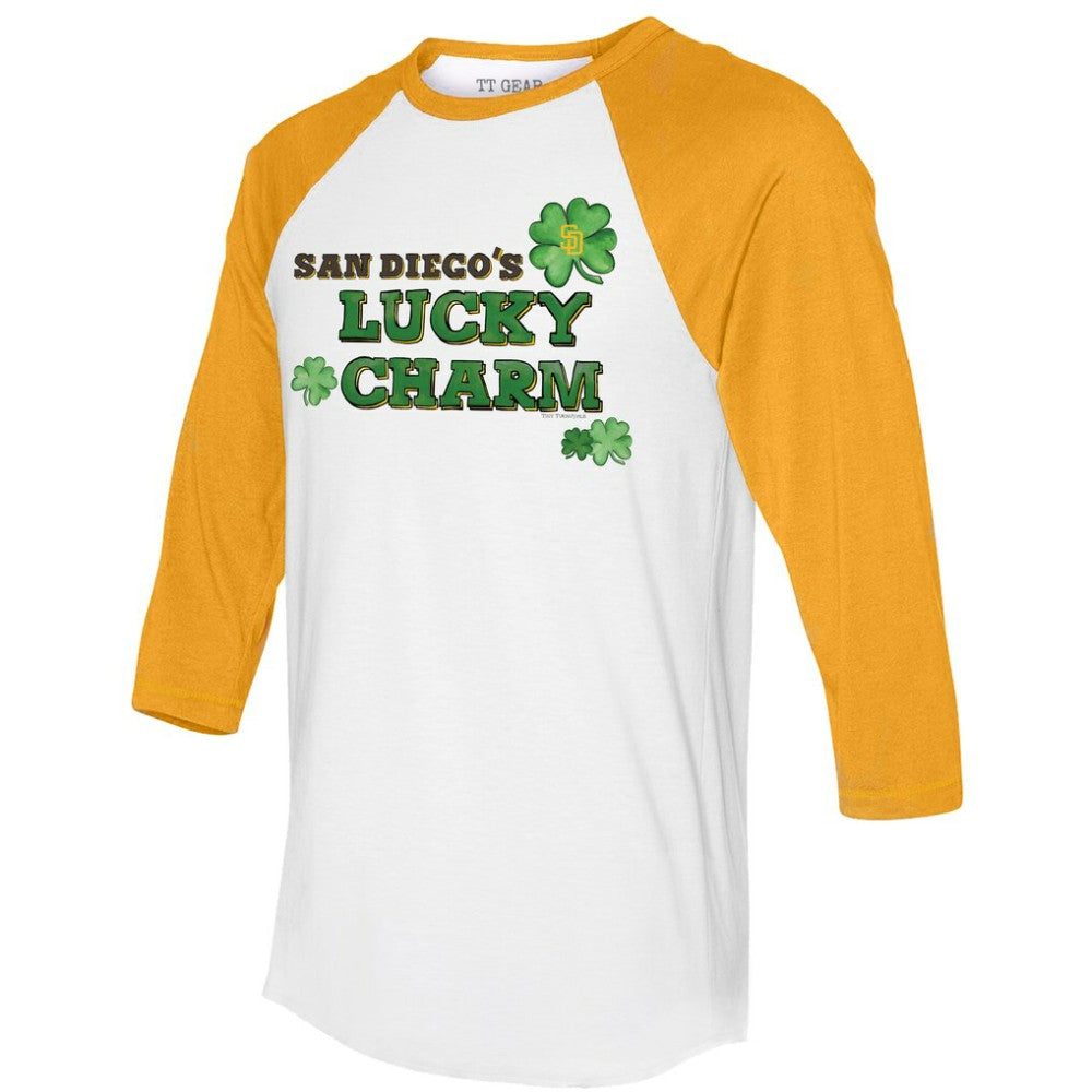 San Diego Padres Tiny Turnip Women's Lucky Charm 3/4-Sleeve Raglan T-Shirt - White/Gold T-shirts