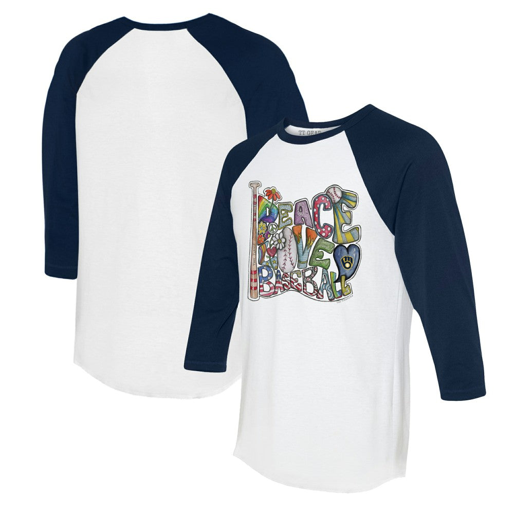 Milwaukee Brewers Tiny Turnip Women's Peace Love Baseball 3/4-Sleeve Raglan T-Shirt - White/Navy T-shirts