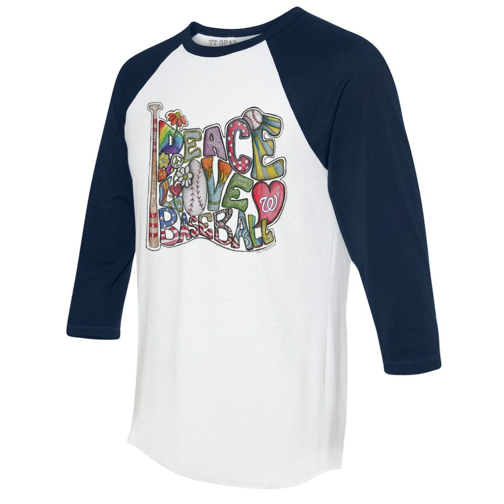 Washington Nationals Tiny Turnip Women's Peace Love Baseball 3/4-Sleeve Raglan T-Shirt - White/Navy T-shirts