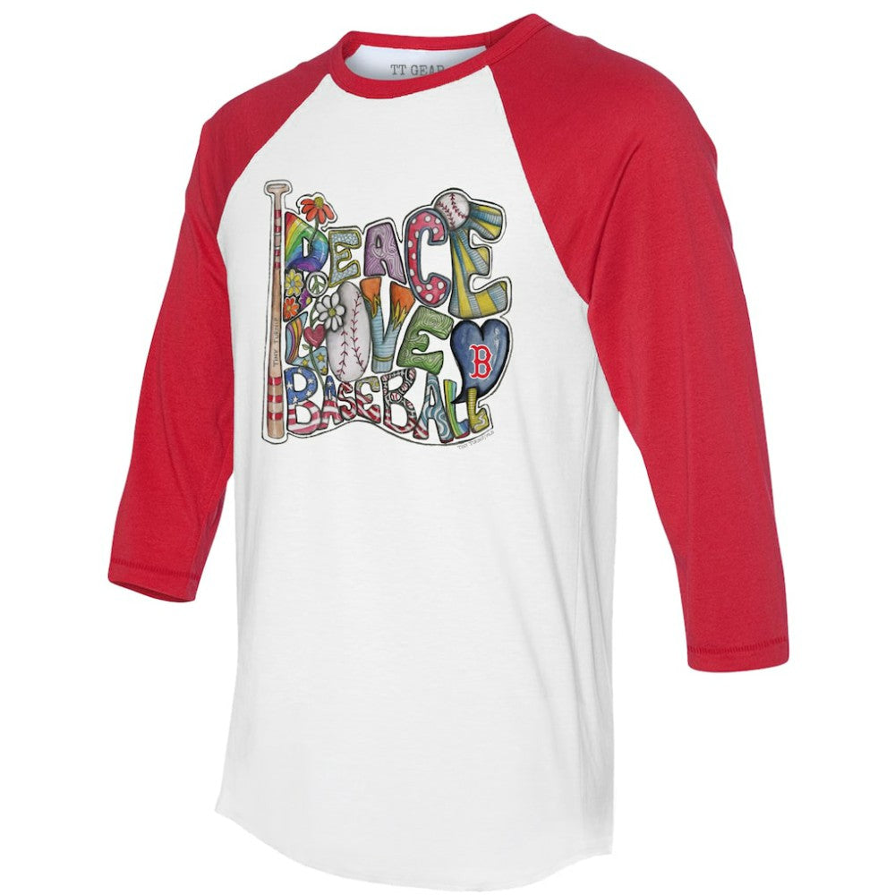 Boston Red Sox Tiny Turnip Women's Peace Love Baseball 3/4-Sleeve Raglan T-Shirt - White/Red T-shirts