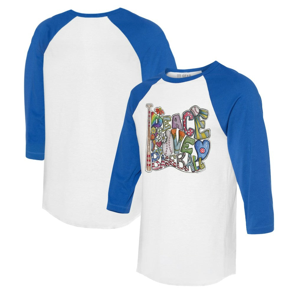 Chicago Cubs Tiny Turnip Women's Peace Love Baseball 3/4-Sleeve Raglan T-Shirt - White/Royal T-shirts