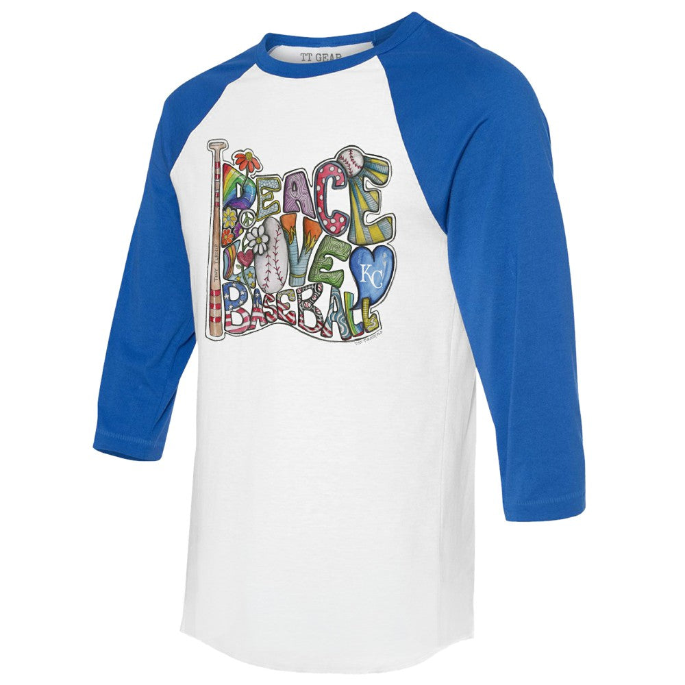 Kansas City Royals Tiny Turnip Women's Peace Love Baseball 3/4-Sleeve Raglan T-Shirt - White/Royal T-shirts