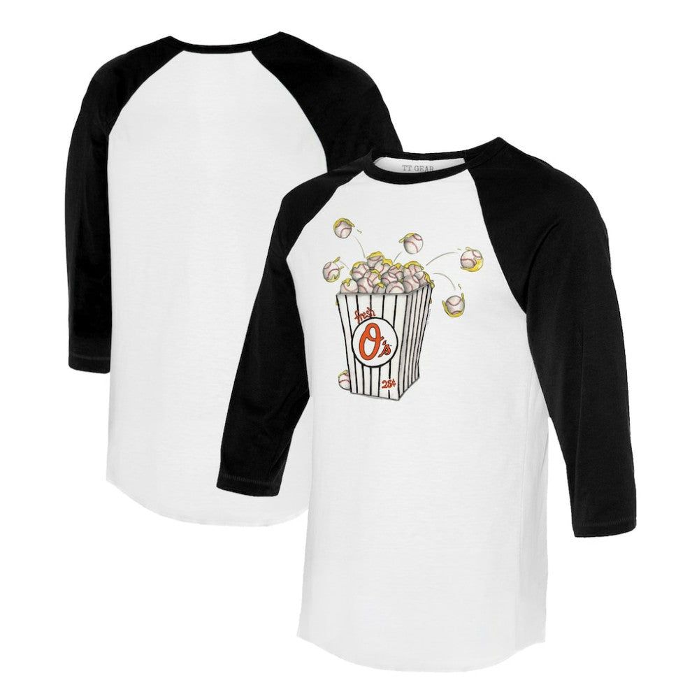 Baltimore Orioles Tiny Turnip Women's Popcorn 3/4-Sleeve Raglan T-Shirt - White/Black T-shirts