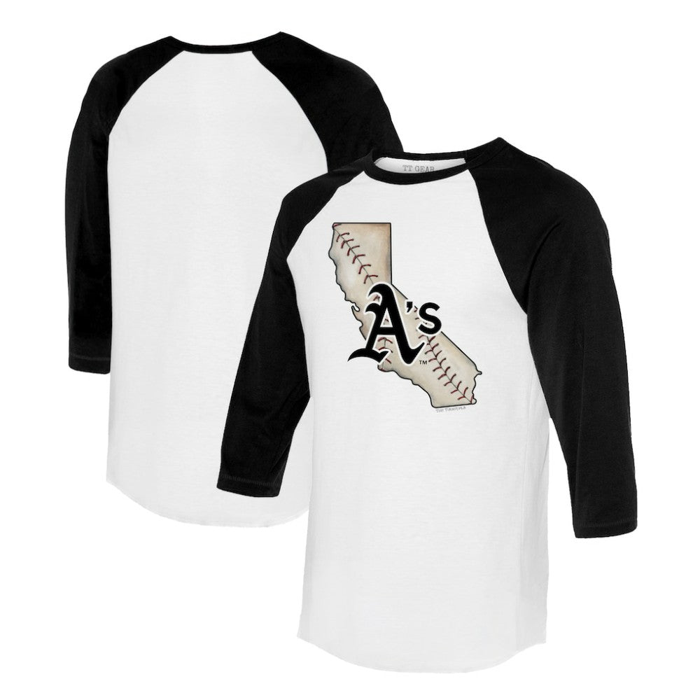 Athletics Tiny Turnip Unisex State Outline 3/4-Sleeve Raglan T-Shirt - White/Black T-shirts