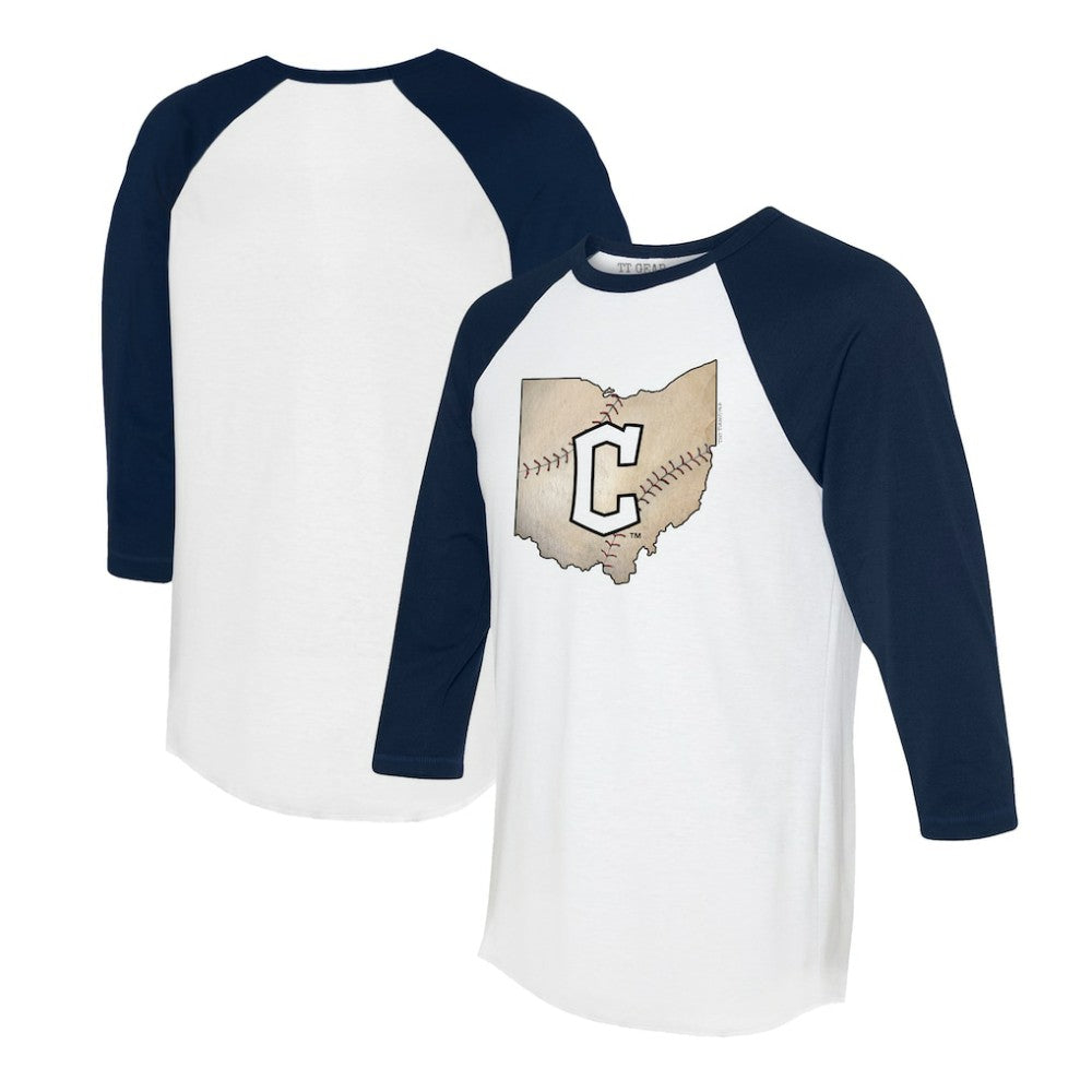 Cleveland Guardians Tiny Turnip Unisex State Outline 3/4-Sleeve Raglan T-Shirt - White/Navy T-shirts