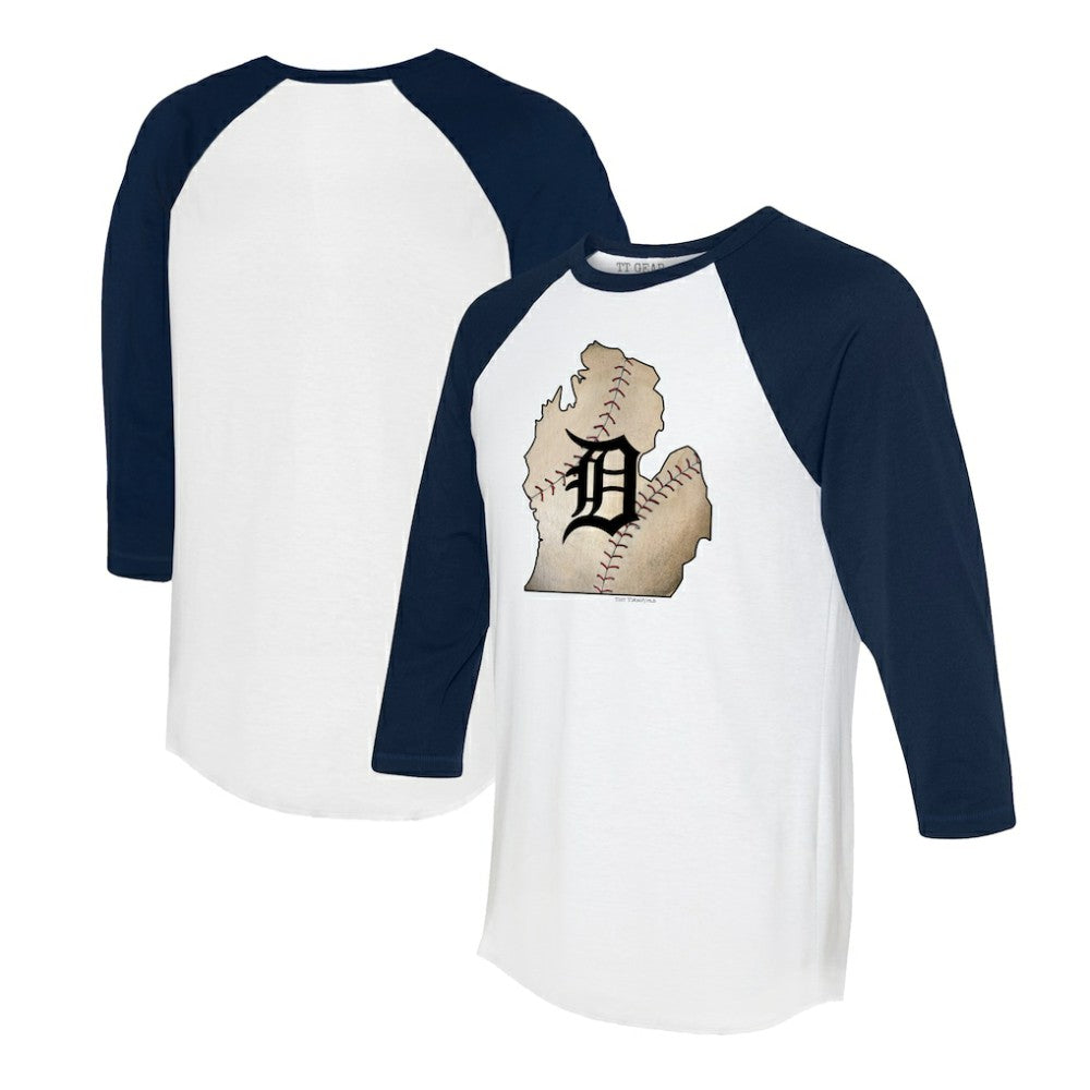 Detroit Tigers Tiny Turnip Unisex State Outline 3/4-Sleeve Raglan T-Shirt - White/Navy T-shirts