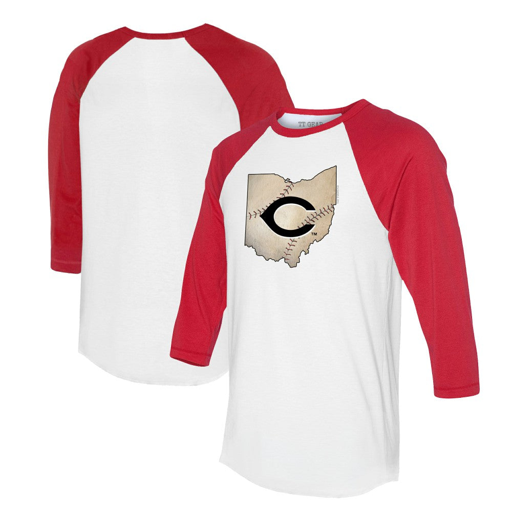 Cincinnati Reds Tiny Turnip Unisex State Outline 3/4-Sleeve Raglan T-Shirt - White/Red T-shirts