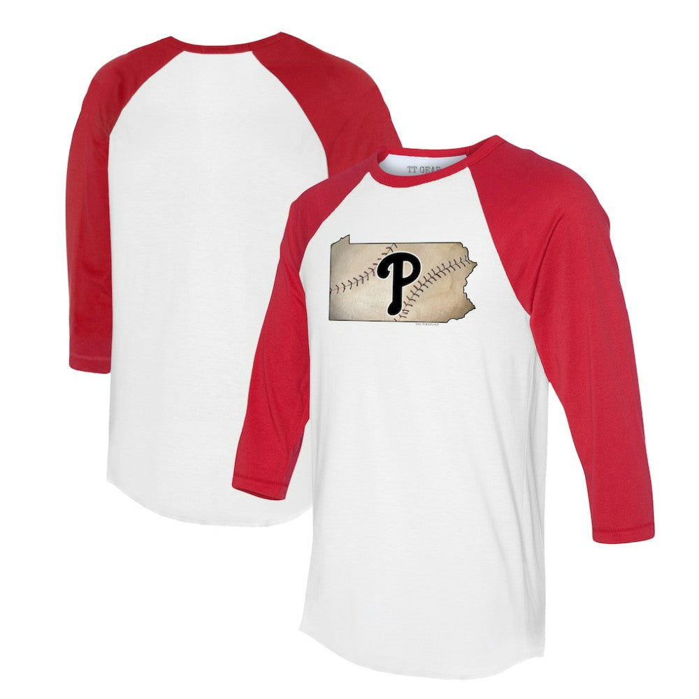 Philadelphia Phillies Tiny Turnip Unisex State Outline 3/4-Sleeve Raglan T-Shirt - White/Red T-shirts