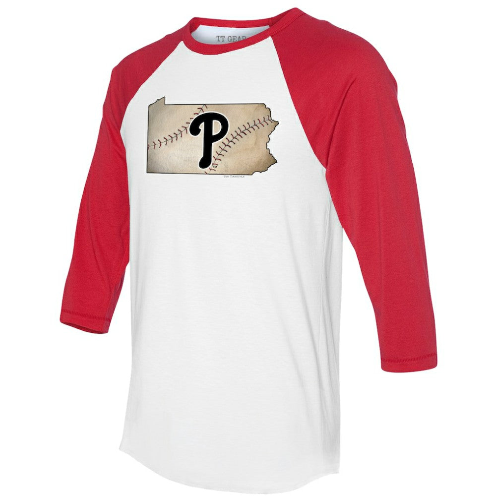 Philadelphia Phillies Tiny Turnip Unisex State Outline 3/4-Sleeve Raglan T-Shirt - White/Red T-shirts