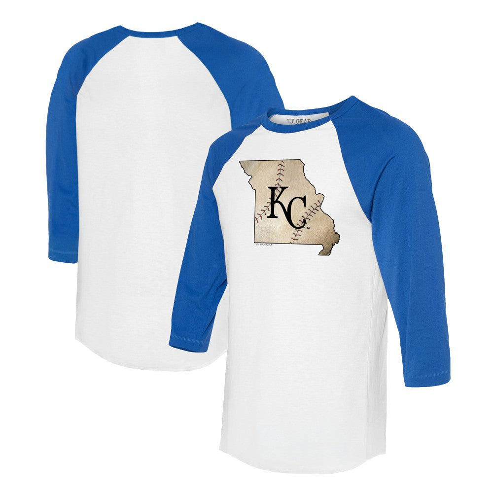 Kansas City Royals Tiny Turnip Unisex State Outline 3/4-Sleeve Raglan T-Shirt - White/Royal T-shirts