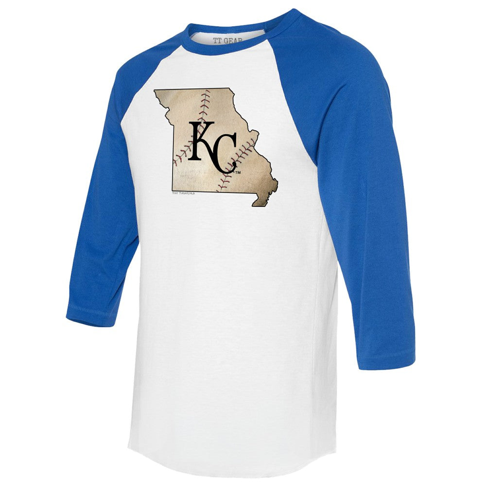 Kansas City Royals Tiny Turnip Unisex State Outline 3/4-Sleeve Raglan T-Shirt - White/Royal T-shirts
