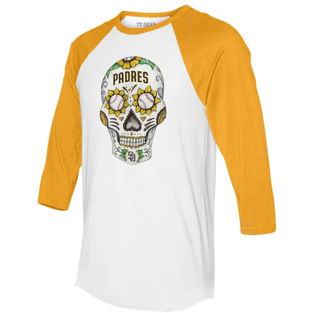 San Diego Padres Tiny Turnip Unisex Sugar Skull 3/4-Sleeve Raglan T-Shirt - White/Gold T-shirts